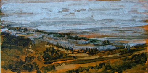 Sinalunga in the Mist, Tuscany, 6" x 12", acrylic on paneled paper, 2011.